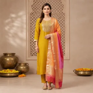 Mustard Yellow Gold-Embroidered Kurta Set with Dupatta for Women
