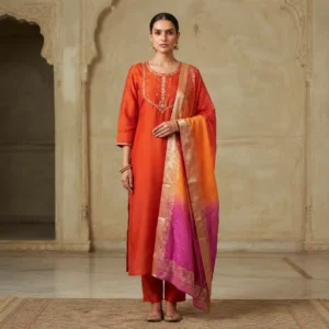 Rangrez Elegance – Rust Orange Embroidered Kurta Set with Pink-Gold Dupatta